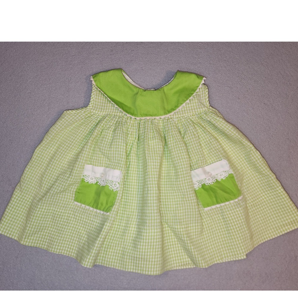 Unbranded Gingham Dress Kids 12M Green Excellent Lace Pockets Vintage Style